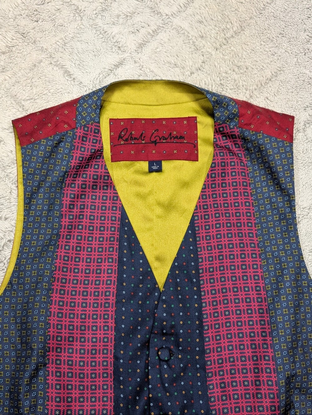 Robert Graham Vest Mens L Blue Pink Patchwork Geometric Silk Button Formal - Picture 2 of 8